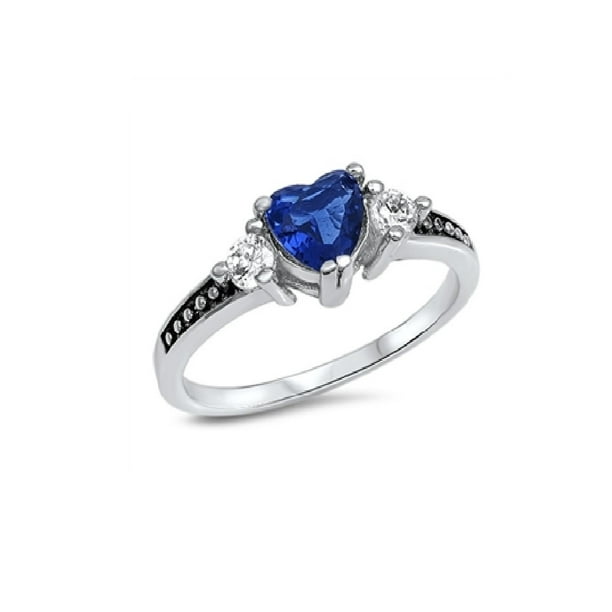 Heart Ring Solid Sterling Silver 925 Blue Sapphire CZ Face Height 6 mm Size 12
